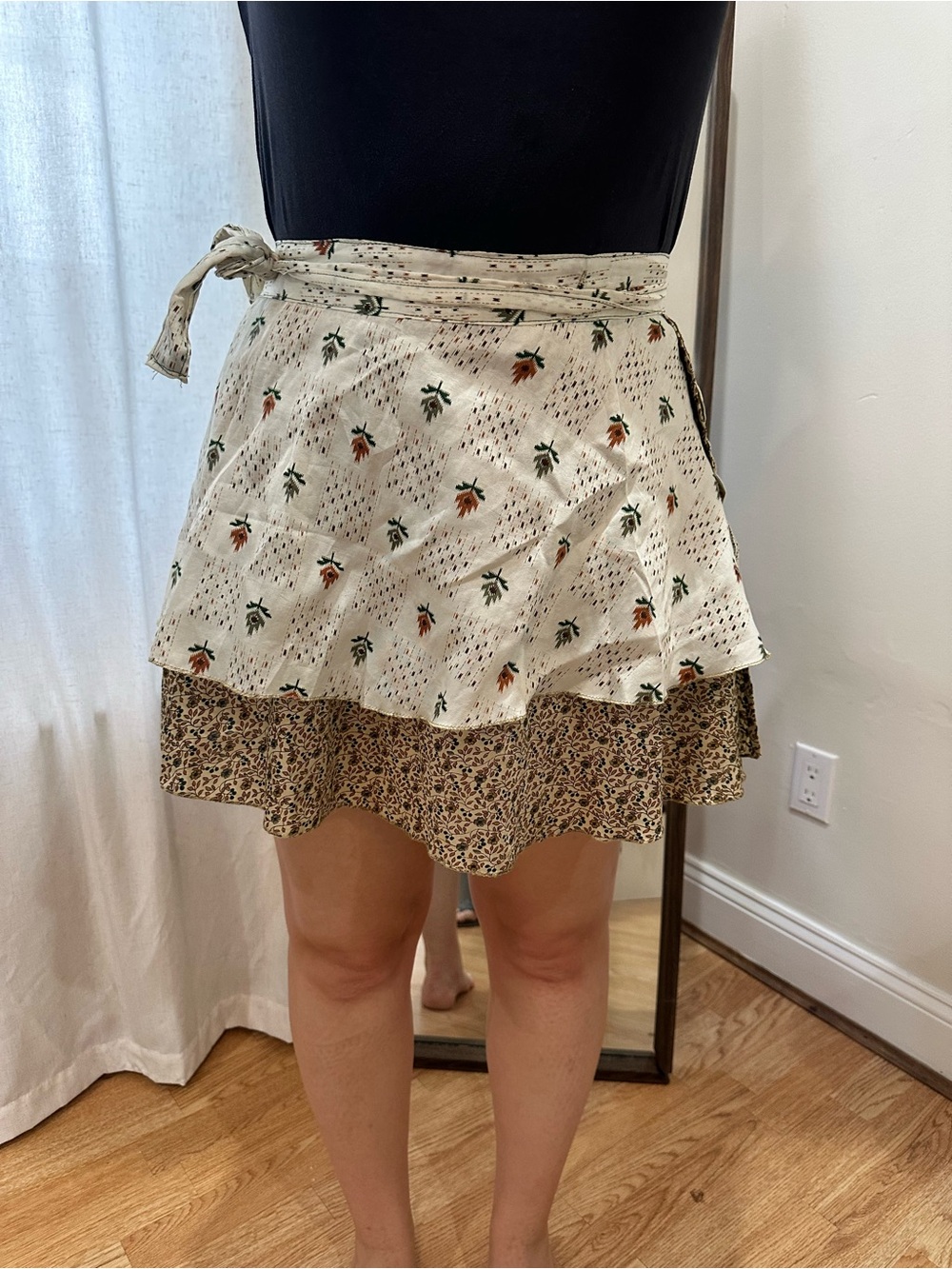 Floral Layered Mini Wrap Skirt - Cream & Brown